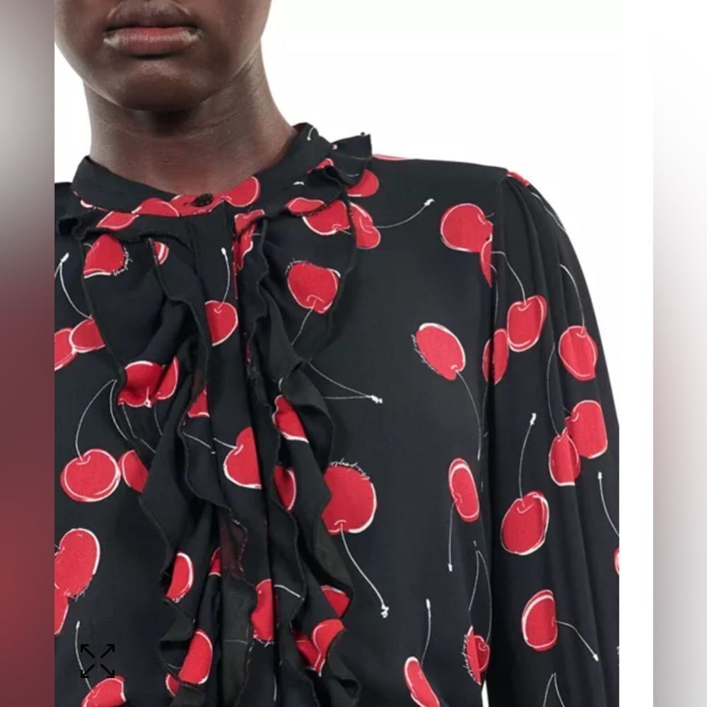 The Kooples red Cherry Print Black Mini Dress with ruffles Dark Romance NWT - Picture 11 of 13